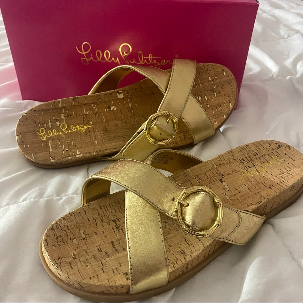 Lilly Pulitzer gold cork sandal NWB